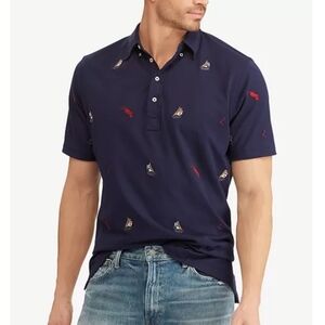Ralph Lauren Polo Shirt S Blue Classic Embroidered Sailboats Print All Over NWT